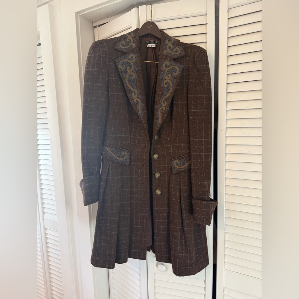 Peruvian Connection Brown Trench Coat with Blue Embroidery